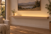 Gentry Stinson Rift White Oak Floating Shelf | 60″ long × 3″ thick | Standard Mount | Unfinished | LED Light Ready — Top Front LED location, rendering with separately supplied LED tape installed