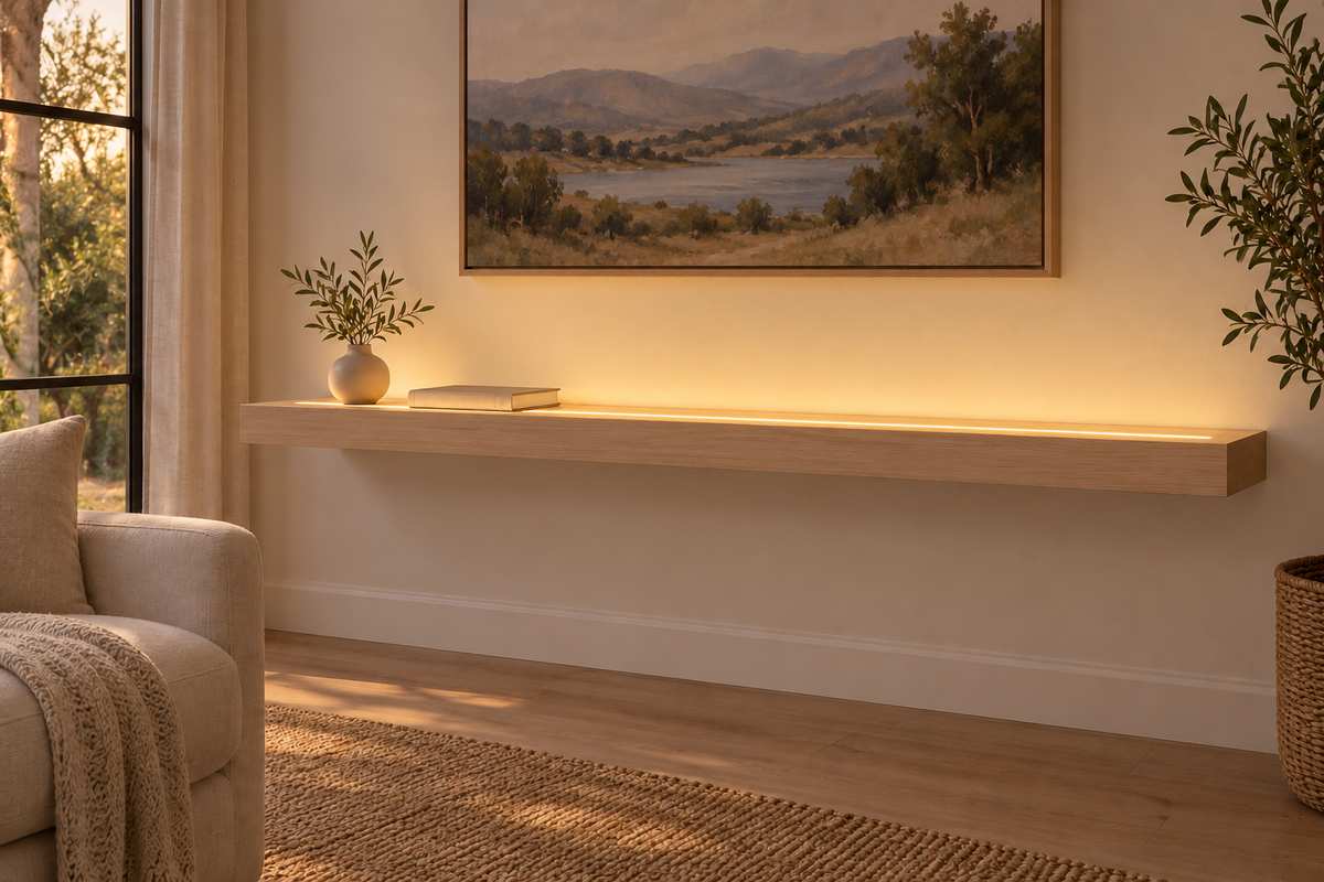 Gentry Stinson Rift White Oak Floating Shelf | 60″ long × 3″ thick | Standard Mount | Unfinished | LED Light Ready — Top Front LED location, rendering with separately supplied LED tape installed