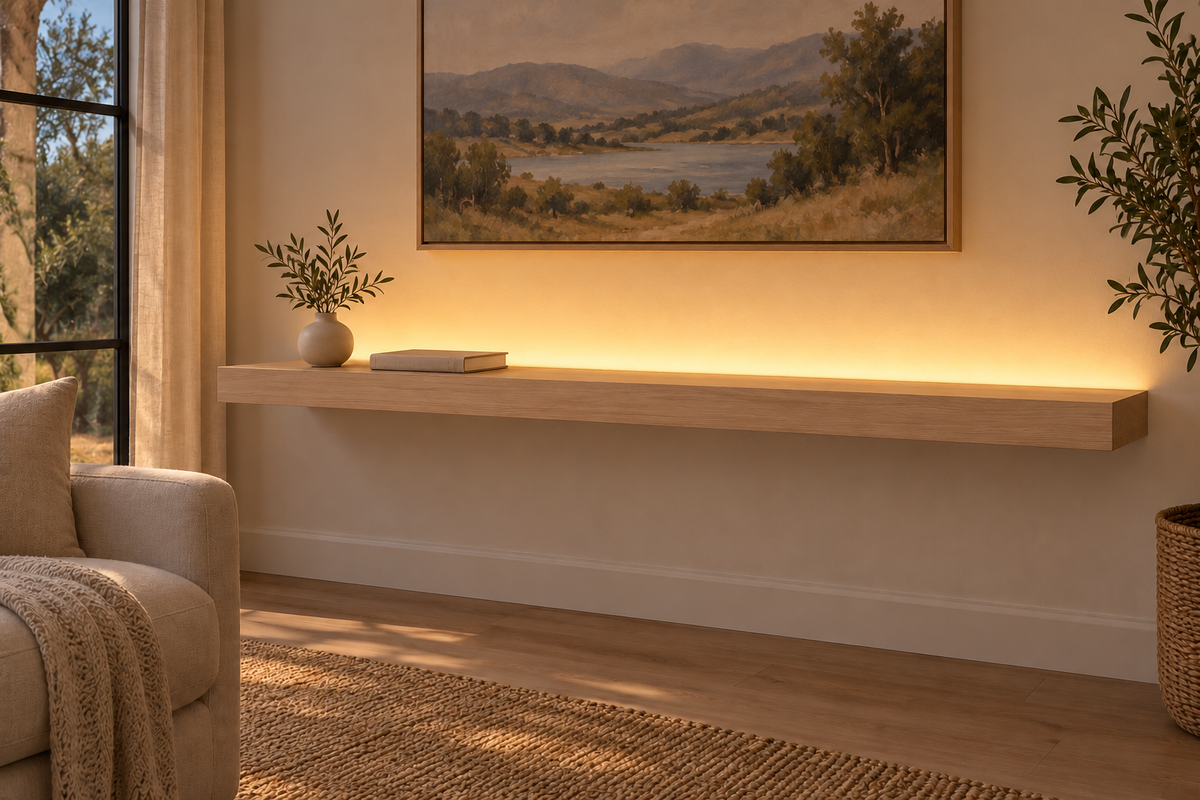 Gentry Stinson Rift White Oak Floating Shelf | 60″ long × 3″ thick | Standard Mount | Unfinished | LED Light Ready — Top Rear LED location, rendering with separately supplied LED tape installed