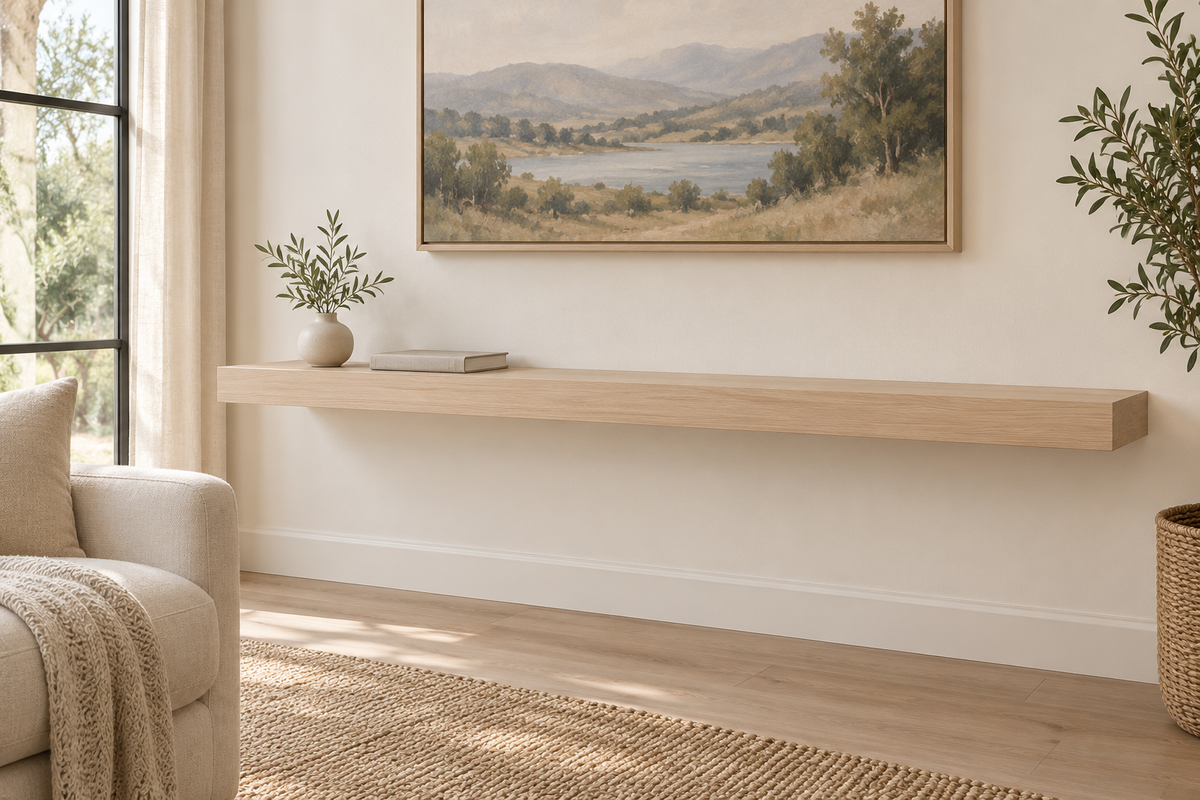 Gentry Stinson Rift White Oak Floating Shelf | 60″ × 10″ × 3″ | Standard Mount | Unfinished — unlit living-room rendering