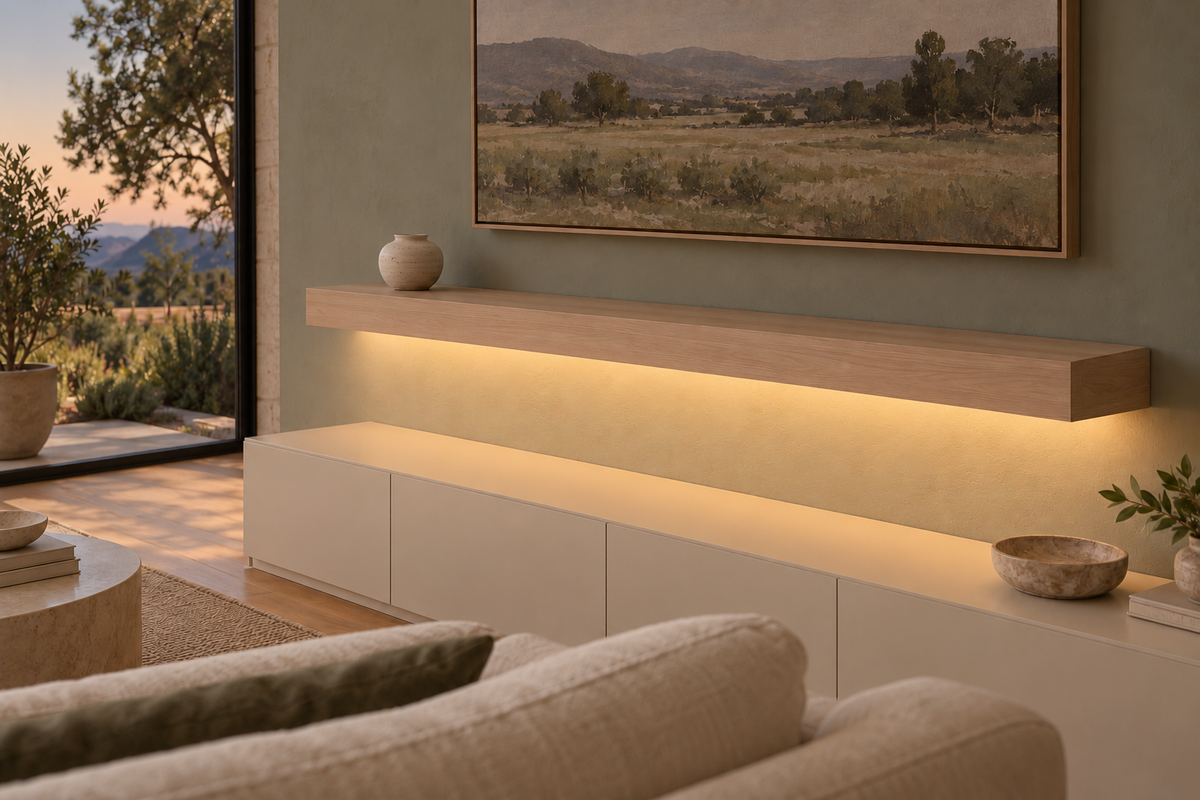 Gentry Stinson Rift White Oak Floating Shelf | 60″ long × 4″ thick | Standard Mount | Unfinished | LED Light Ready — Bottom Front LED location, rendering with separately supplied LED tape installed