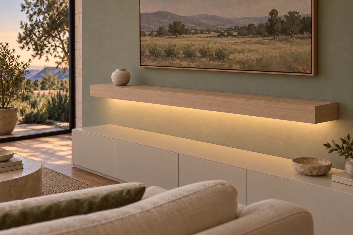 Gentry Stinson Rift White Oak Floating Shelf | 60″ long × 4″ thick | Standard Mount | Unfinished | LED Light Ready — Bottom Rear LED location, rendering with separately supplied LED tape installed