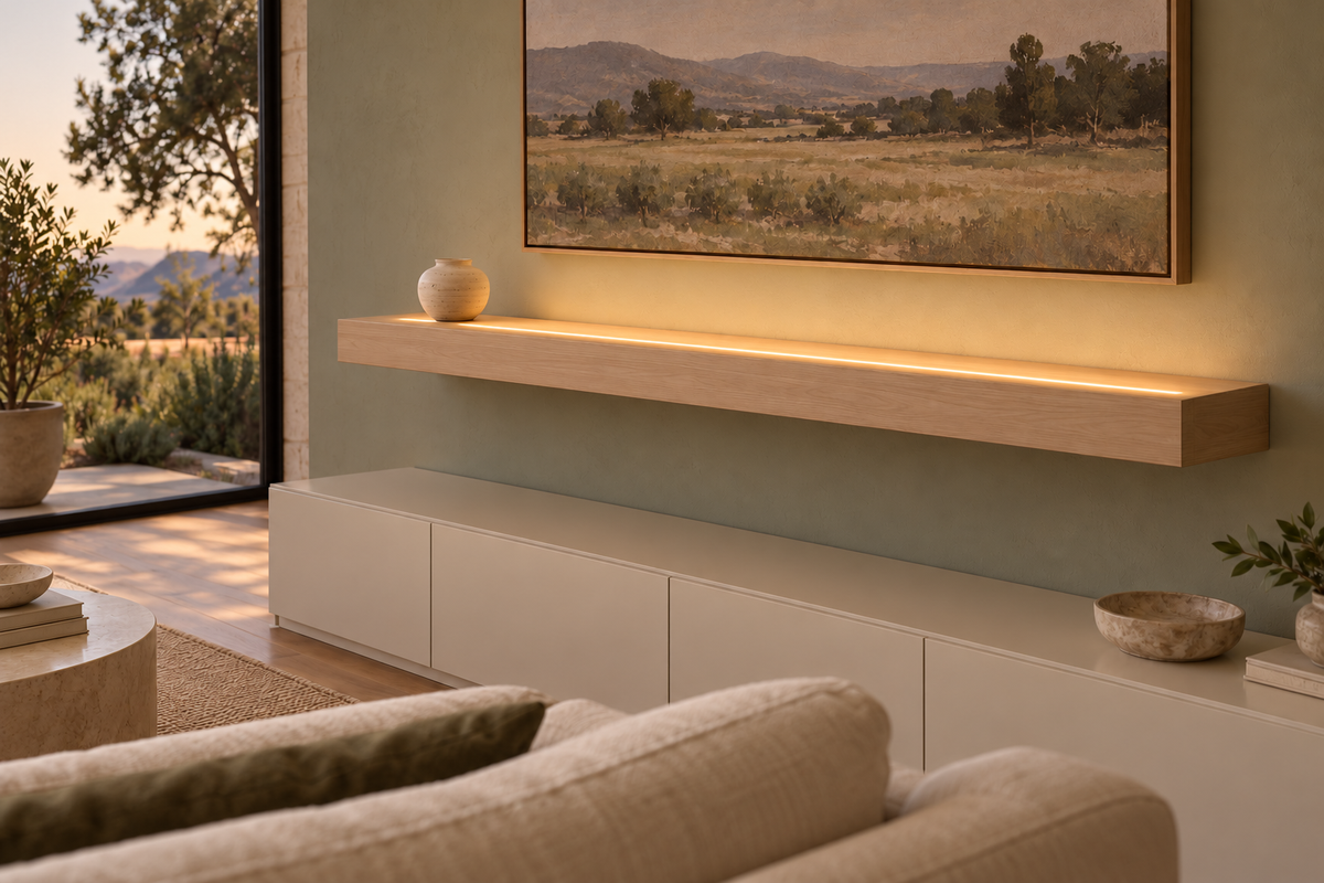 Gentry Stinson Rift White Oak Floating Shelf | 60″ × 10″ × 4″ | Standard Mount | Unfinished | LED Light Ready — Top Front LED location, rendering with separately supplied LED tape installed