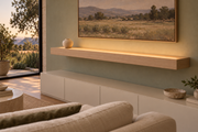Gentry Stinson Rift White Oak Floating Shelf | 60″ long × 4″ thick | Standard Mount | Unfinished | LED Light Ready — Top Front LED location, rendering with separately supplied LED tape installed