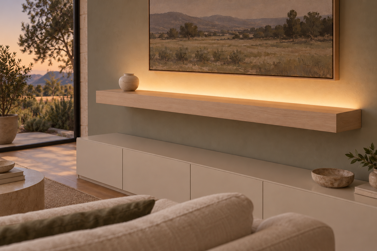 Gentry Stinson Rift White Oak Floating Shelf | 60″ long × 4″ thick | Standard Mount | Unfinished | LED Light Ready — Top Rear LED location, rendering with separately supplied LED tape installed