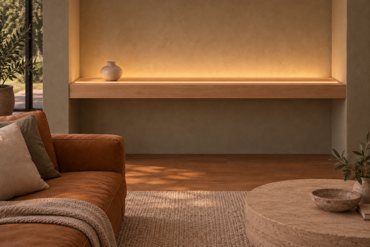 Gentry Stinson Rift White Oak Floating Shelf | 60″ long × 4″ thick | Wall to Wall | Unfinished | LED Light Ready — Top Front LED location, rendering with separately supplied LED tape installed