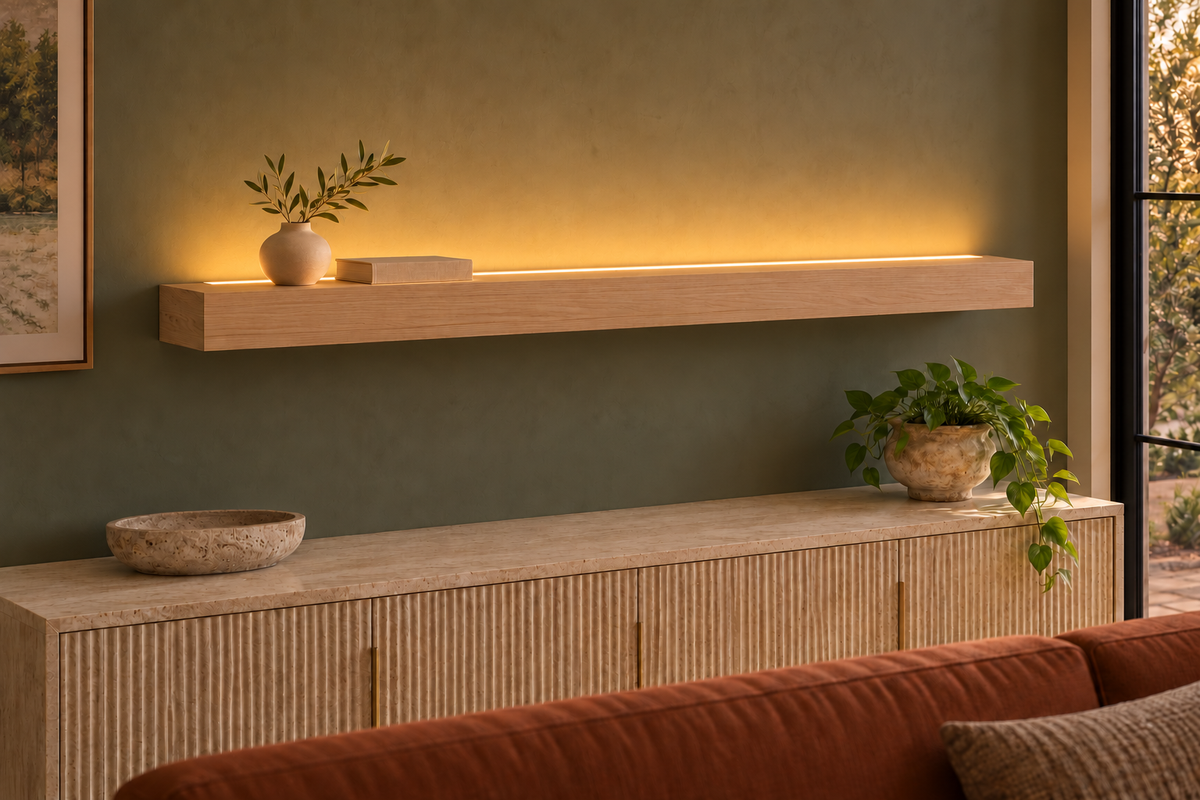 Gentry Stinson Rift White Oak Floating Shelf | 60″ × 8″ × 3″ | Standard Mount | Unfinished | LED Light Ready — Top Front LED location, rendering with separately supplied LED tape installed