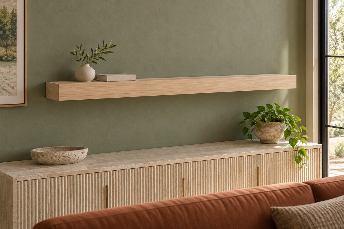Gentry Stinson Rift White Oak Floating Shelf | 60″ × 8″ × 3″ | Standard Mount | Unfinished — unlit living-room rendering