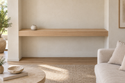 Gentry Stinson Rift White Oak Floating Shelf | 60″ × 8″ × 3″ | Wall to Wall | Unfinished — unlit living-room rendering