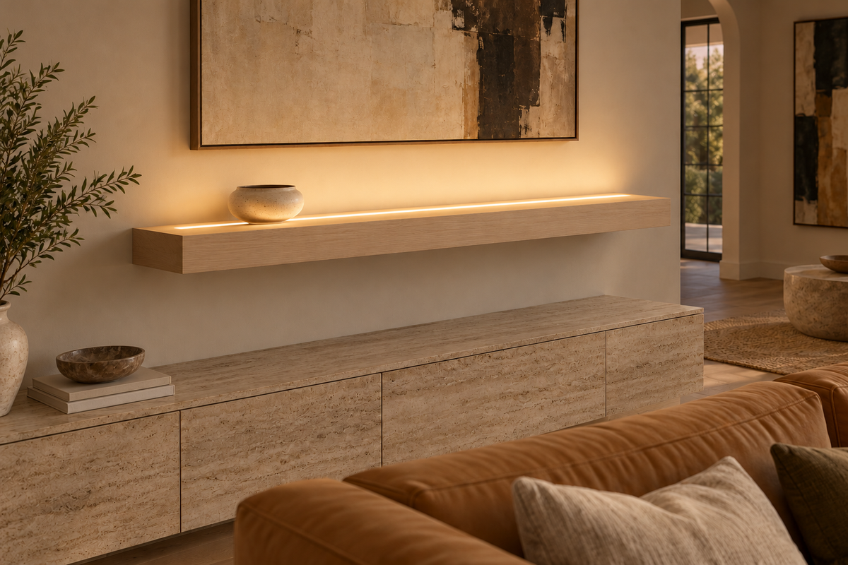 Gentry Stinson Rift White Oak Floating Shelf | 60″ × 8″ × 4″ | Standard Mount | Unfinished | LED Light Ready — Top Front LED location, rendering with separately supplied LED tape installed