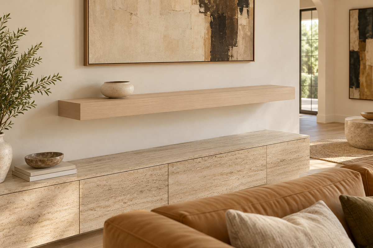 Gentry Stinson Rift White Oak Floating Shelf | 60″ × 8″ × 4″ | Standard Mount | Unfinished — unlit living-room rendering
