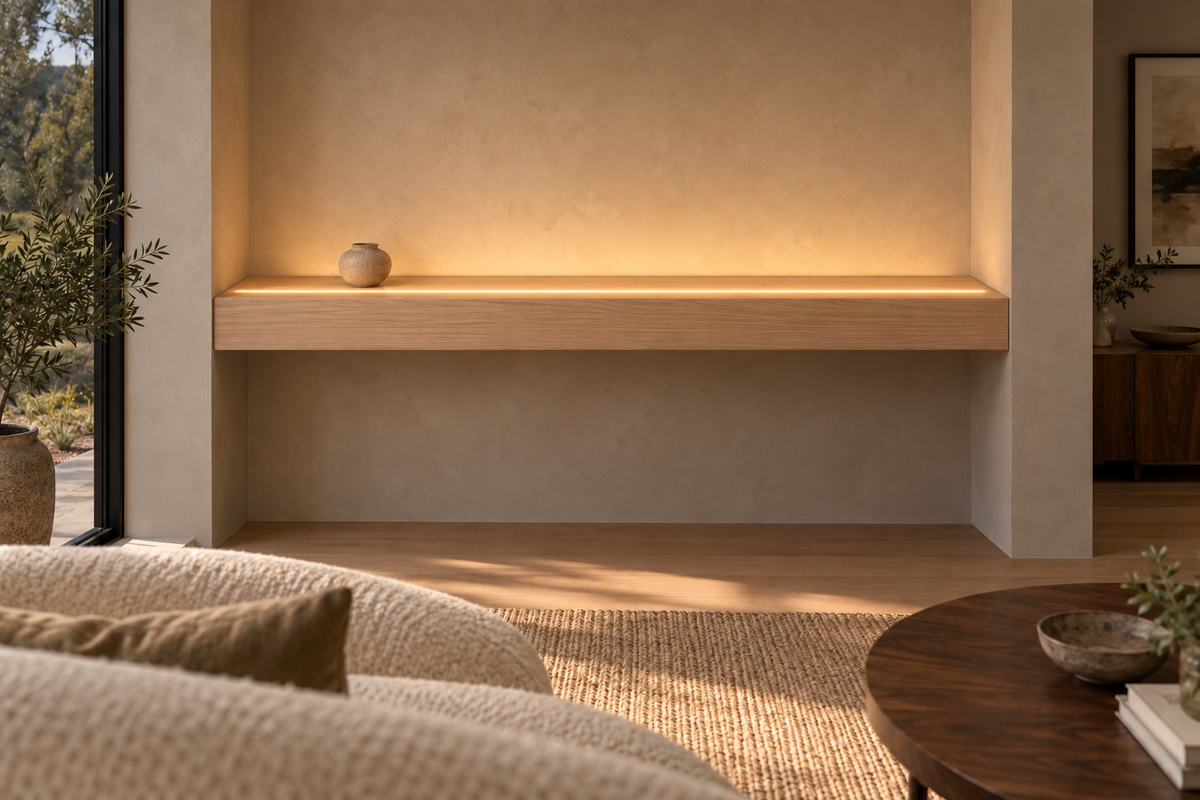 Gentry Stinson Rift White Oak Floating Shelf | 60″ × 8″ × 4″ | Wall to Wall | Unfinished | LED Light Ready — Top Front LED location, rendering with separately supplied LED tape installed