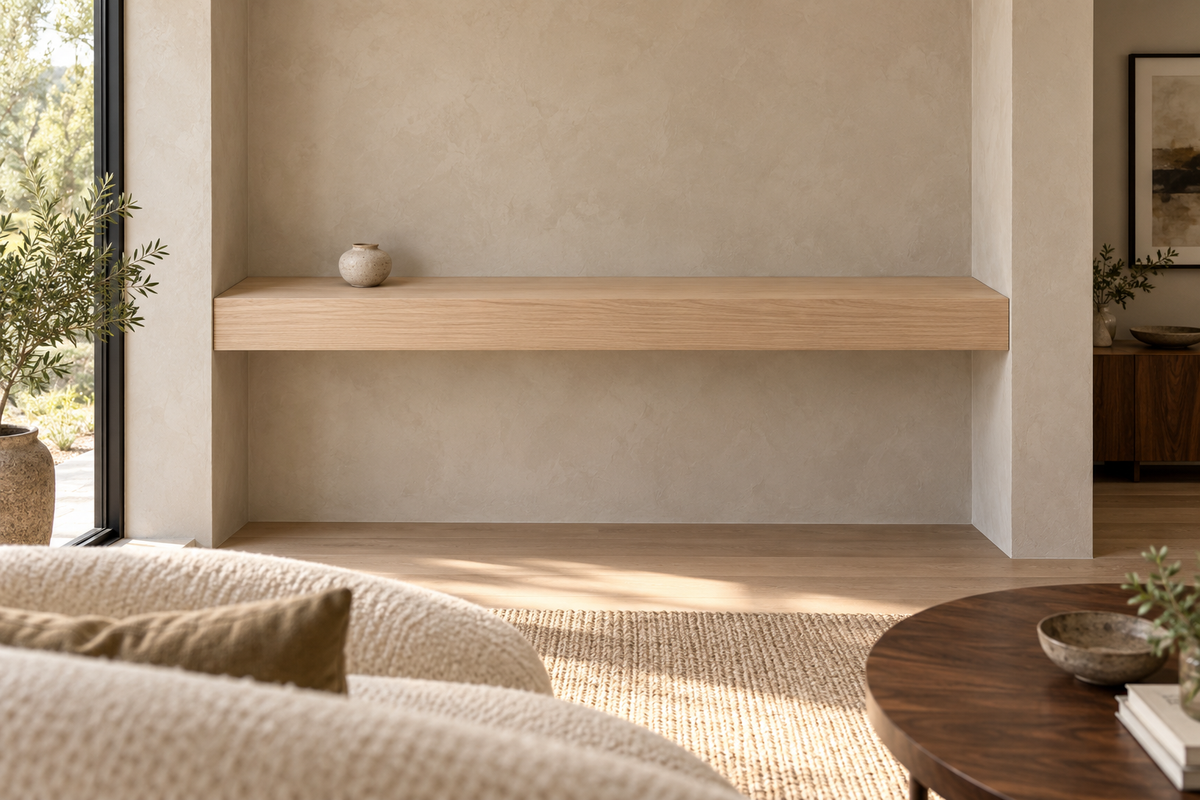 Gentry Stinson Rift White Oak Floating Shelf | 60″ × 8″ × 4″ | Wall to Wall | Unfinished — unlit living-room rendering