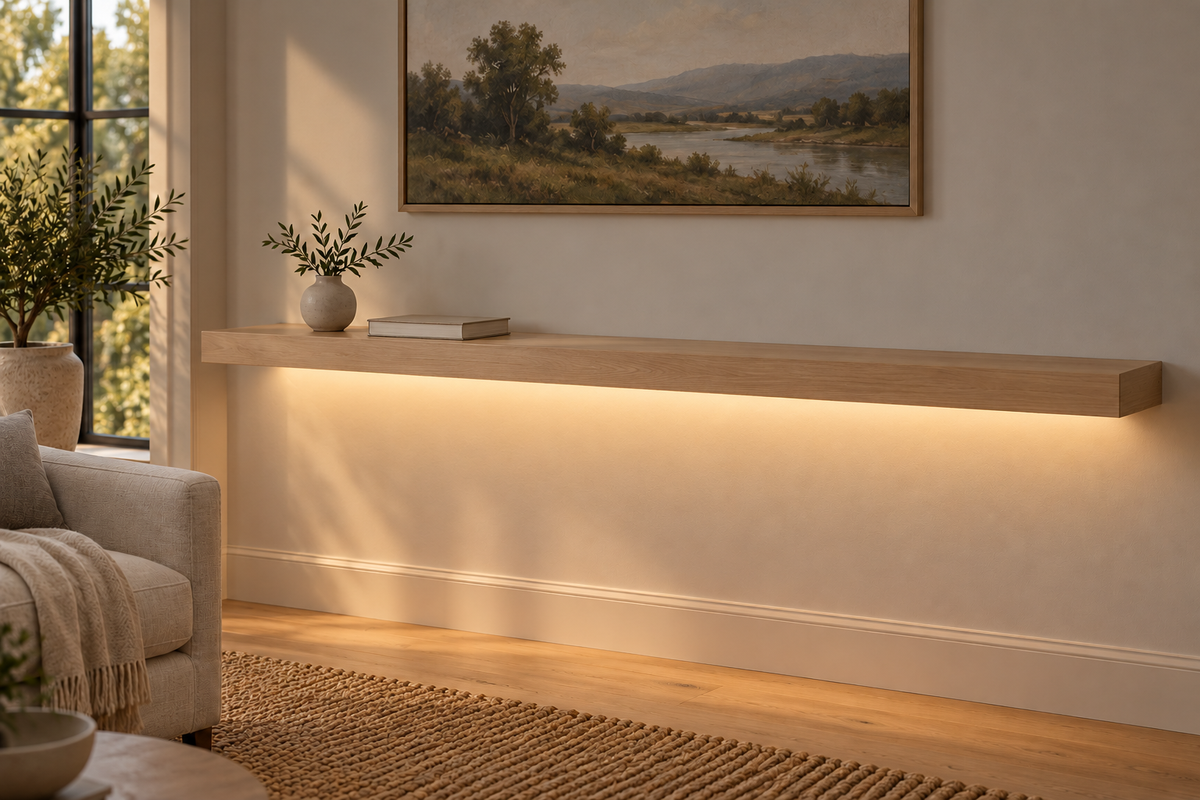 Gentry Stinson Rift White Oak Floating Shelf | 66″ × 10″ × 3″ | Standard Mount | Unfinished | LED Light Ready — Bottom Front LED location, rendering with separately supplied LED tape installed