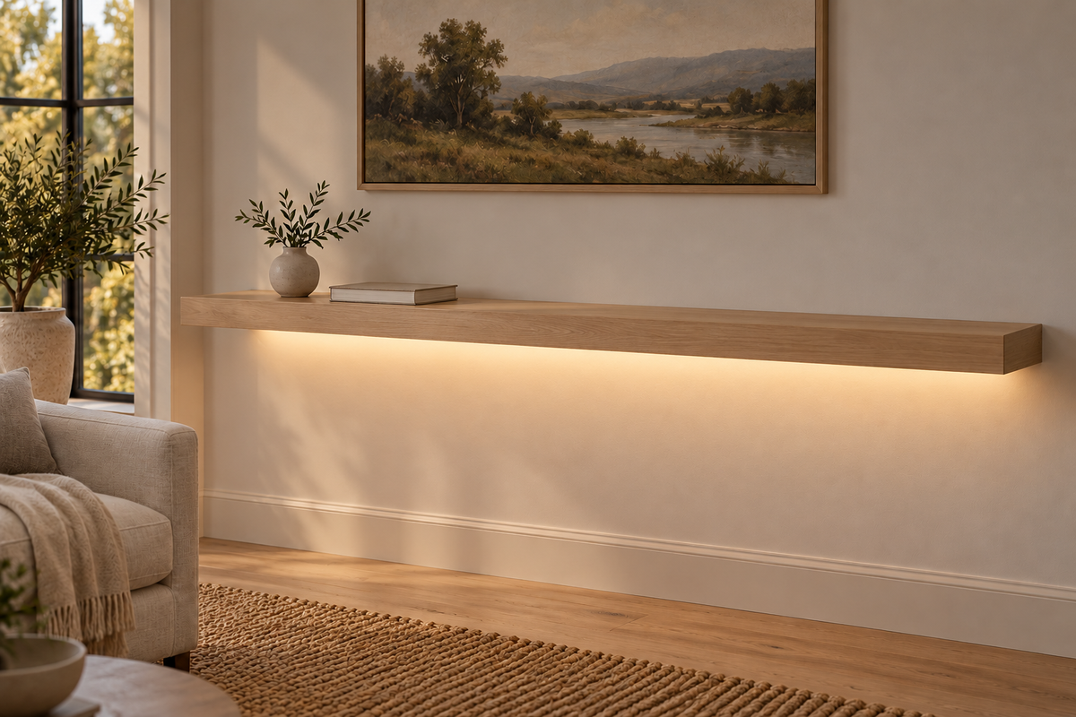 Gentry Stinson Rift White Oak Floating Shelf | 66″ × 10″ × 3″ | Standard Mount | Unfinished | LED Light Ready — Bottom Rear LED location, rendering with separately supplied LED tape installed