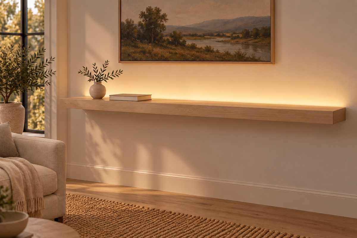 Gentry Stinson Rift White Oak Floating Shelf | 66″ × 10″ × 3″ | Standard Mount | Unfinished | LED Light Ready — Top Rear LED location, rendering with separately supplied LED tape installed