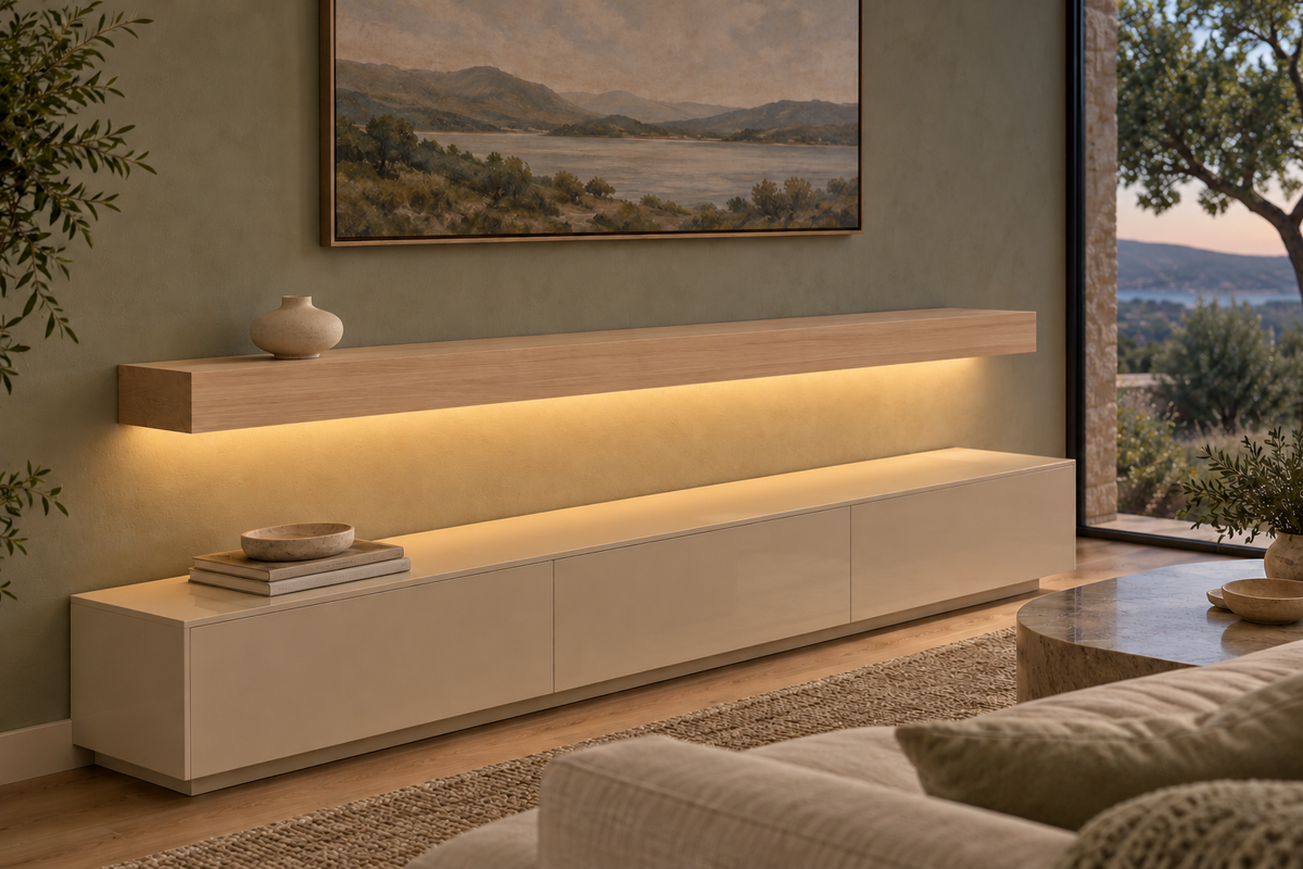 Gentry Stinson Rift White Oak Floating Shelf | 66″ × 10″ × 4″ | Standard Mount | Unfinished | LED Light Ready — Bottom Rear LED location, rendering with separately supplied LED tape installed