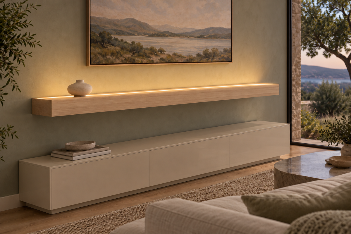 Gentry Stinson Rift White Oak Floating Shelf | 66″ × 10″ × 4″ | Standard Mount | Unfinished | LED Light Ready — Top Front LED location, rendering with separately supplied LED tape installed