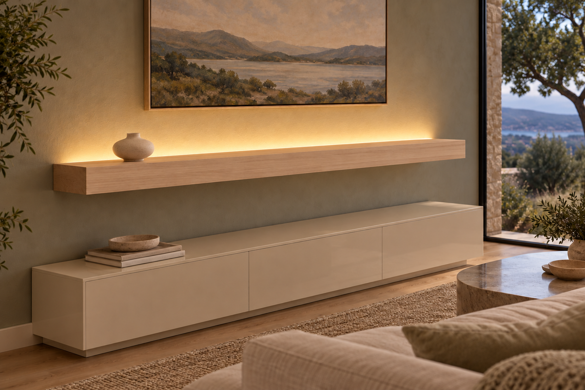 Gentry Stinson Rift White Oak Floating Shelf | 66″ × 10″ × 4″ | Standard Mount | Unfinished | LED Light Ready — Top Rear LED location, rendering with separately supplied LED tape installed