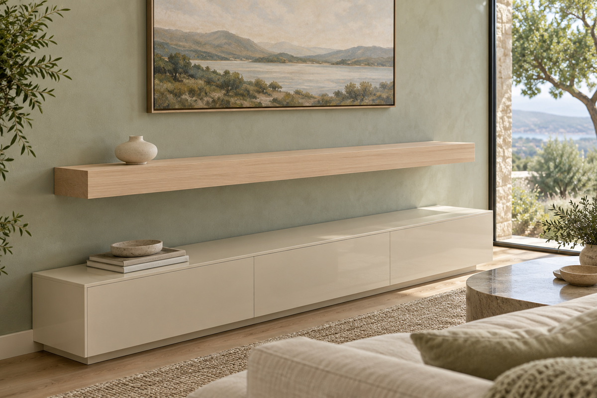 Gentry Stinson Rift White Oak Floating Shelf | 66″ × 10″ × 4″ | Standard Mount | Unfinished — unlit living-room rendering
