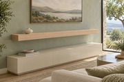 Gentry Stinson Rift White Oak Floating Shelf | 66″ × 10″ × 4″ | Standard Mount | Unfinished — unlit living-room rendering