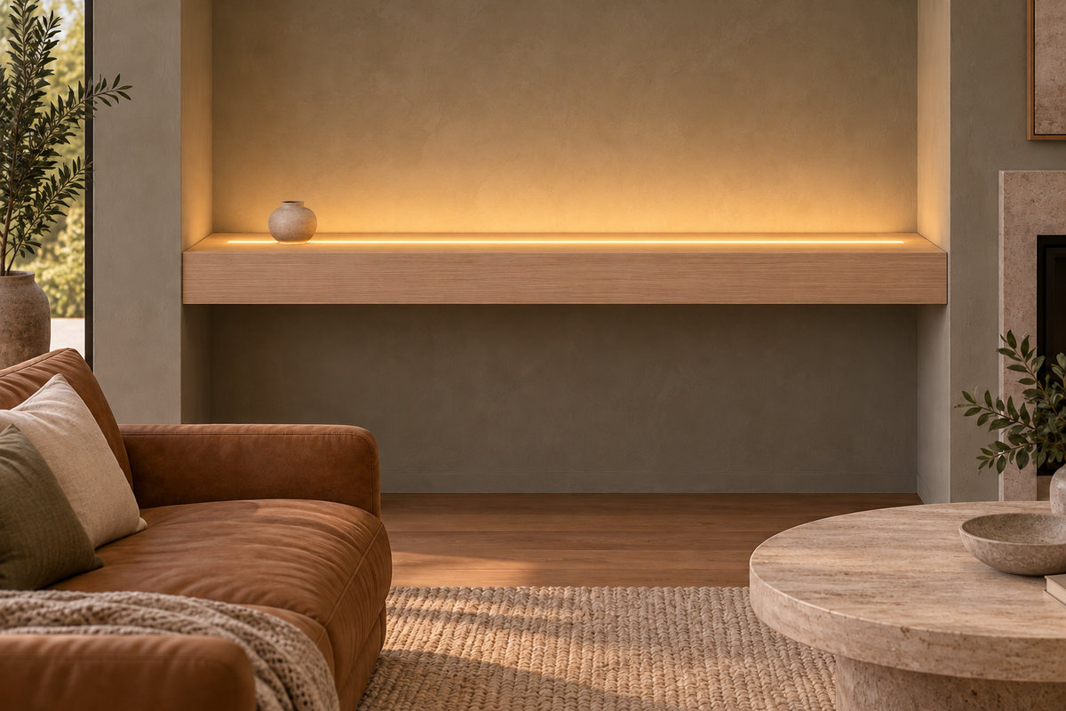 Gentry Stinson Rift White Oak Floating Shelf | 66″ × 10″ × 4″ | Wall to Wall | Unfinished | LED Light Ready — Top Front LED location, rendering with separately supplied LED tape installed