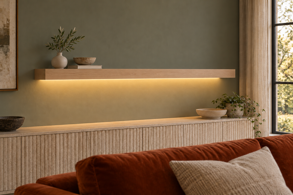 Gentry Stinson Rift White Oak Floating Shelf | 66″ × 8″ × 3″ | Standard Mount | Unfinished | LED Light Ready — Bottom Front LED location, rendering with separately supplied LED tape installed