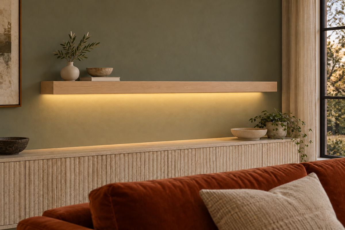 Gentry Stinson Rift White Oak Floating Shelf | 66″ × 8″ × 3″ | Standard Mount | Unfinished | LED Light Ready — Bottom Rear LED location, rendering with separately supplied LED tape installed