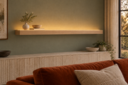 Gentry Stinson Rift White Oak Floating Shelf | 66″ × 8″ × 3″ | Standard Mount | Unfinished | LED Light Ready — Top Front LED location, rendering with separately supplied LED tape installed