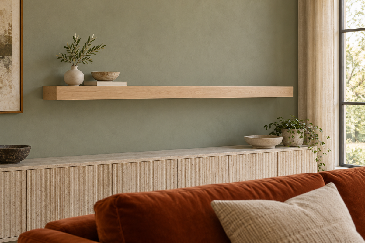 Gentry Stinson Rift White Oak Floating Shelf | 66″ × 8″ × 3″ | Standard Mount | Unfinished — unlit living-room rendering