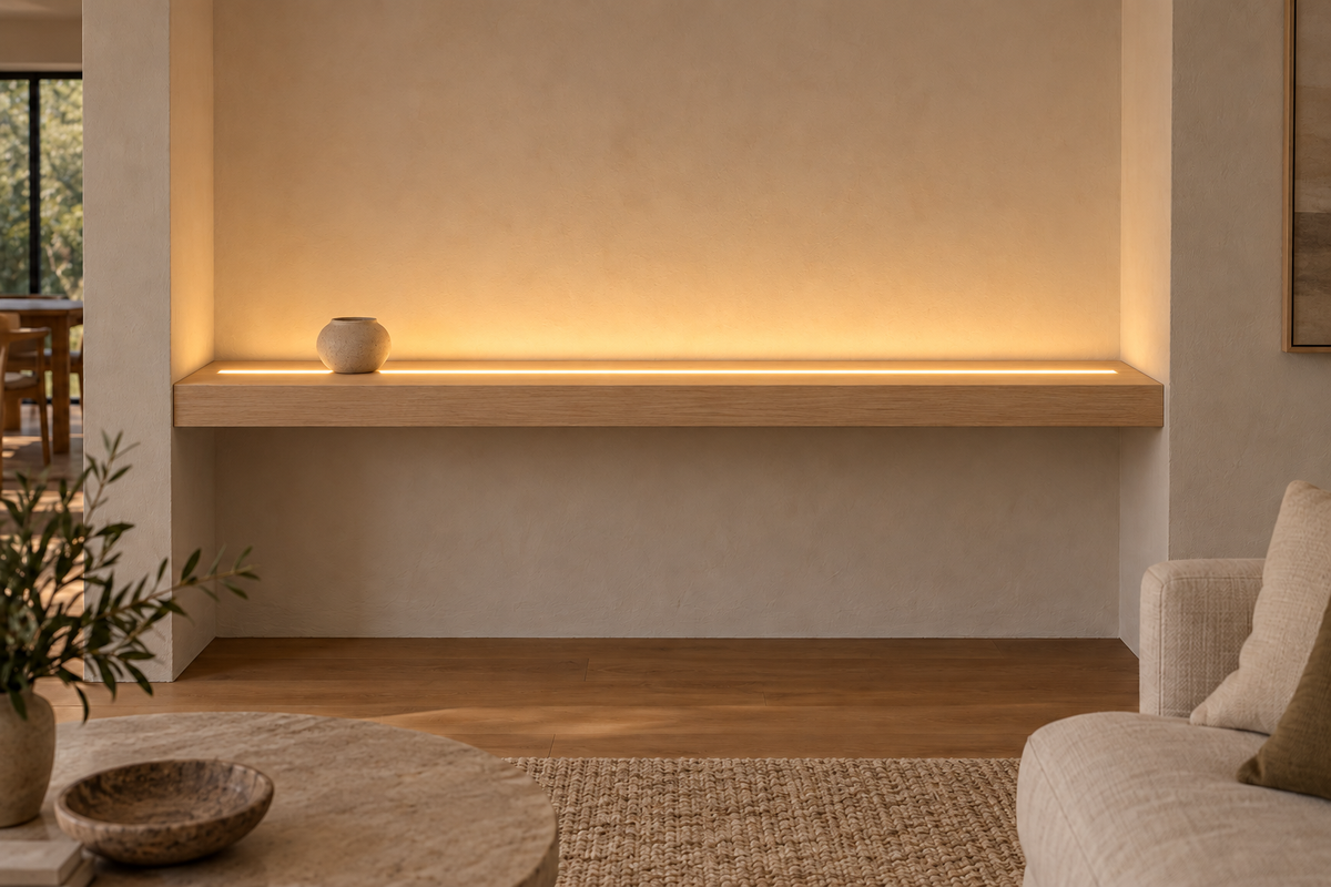 Gentry Stinson Rift White Oak Floating Shelf | 66″ × 8″ × 3″ | Wall to Wall | Unfinished | LED Light Ready — Top Front LED location, rendering with separately supplied LED tape installed