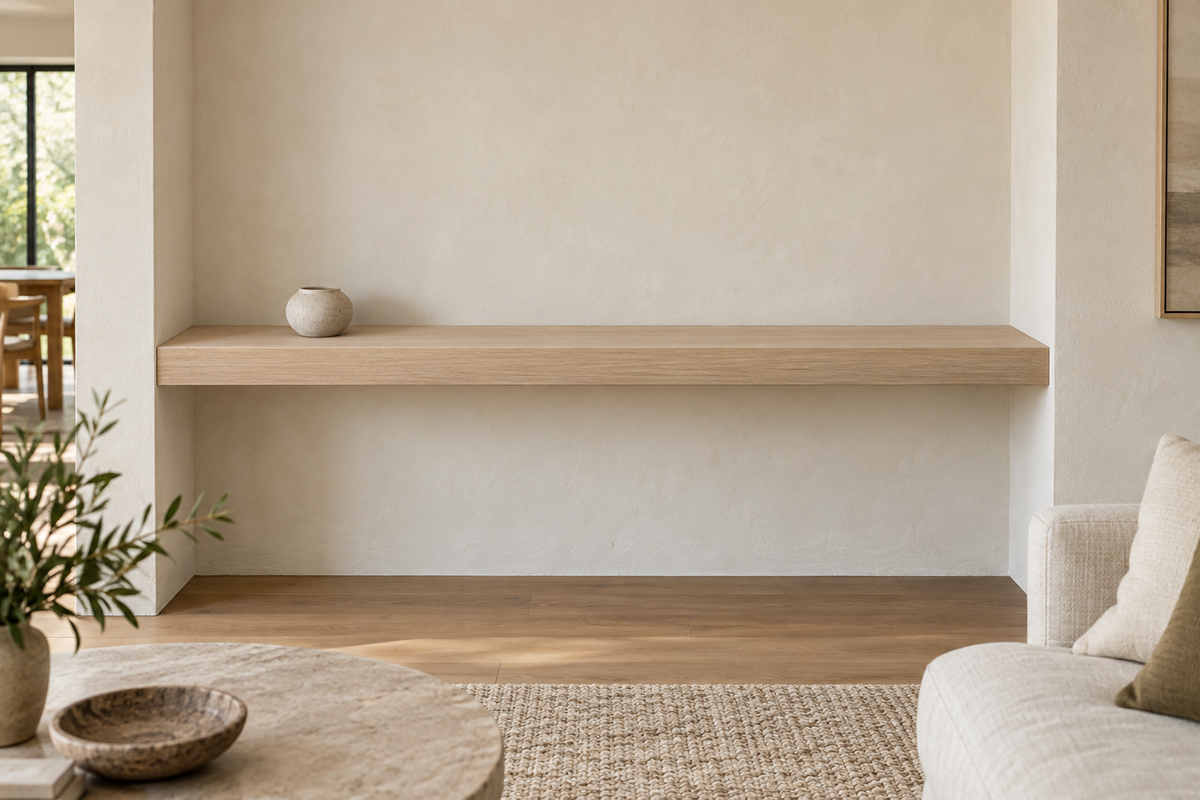 Gentry Stinson Rift White Oak Floating Shelf | 66″ × 8″ × 3″ | Wall to Wall | Unfinished — unlit living-room rendering