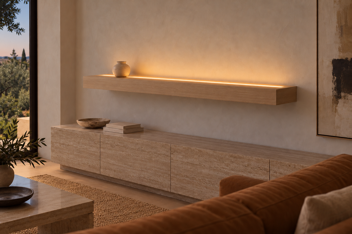 Gentry Stinson Rift White Oak Floating Shelf | 66″ × 8″ × 4″ | Standard Mount | Unfinished | LED Light Ready — Top Front LED location, rendering with separately supplied LED tape installed