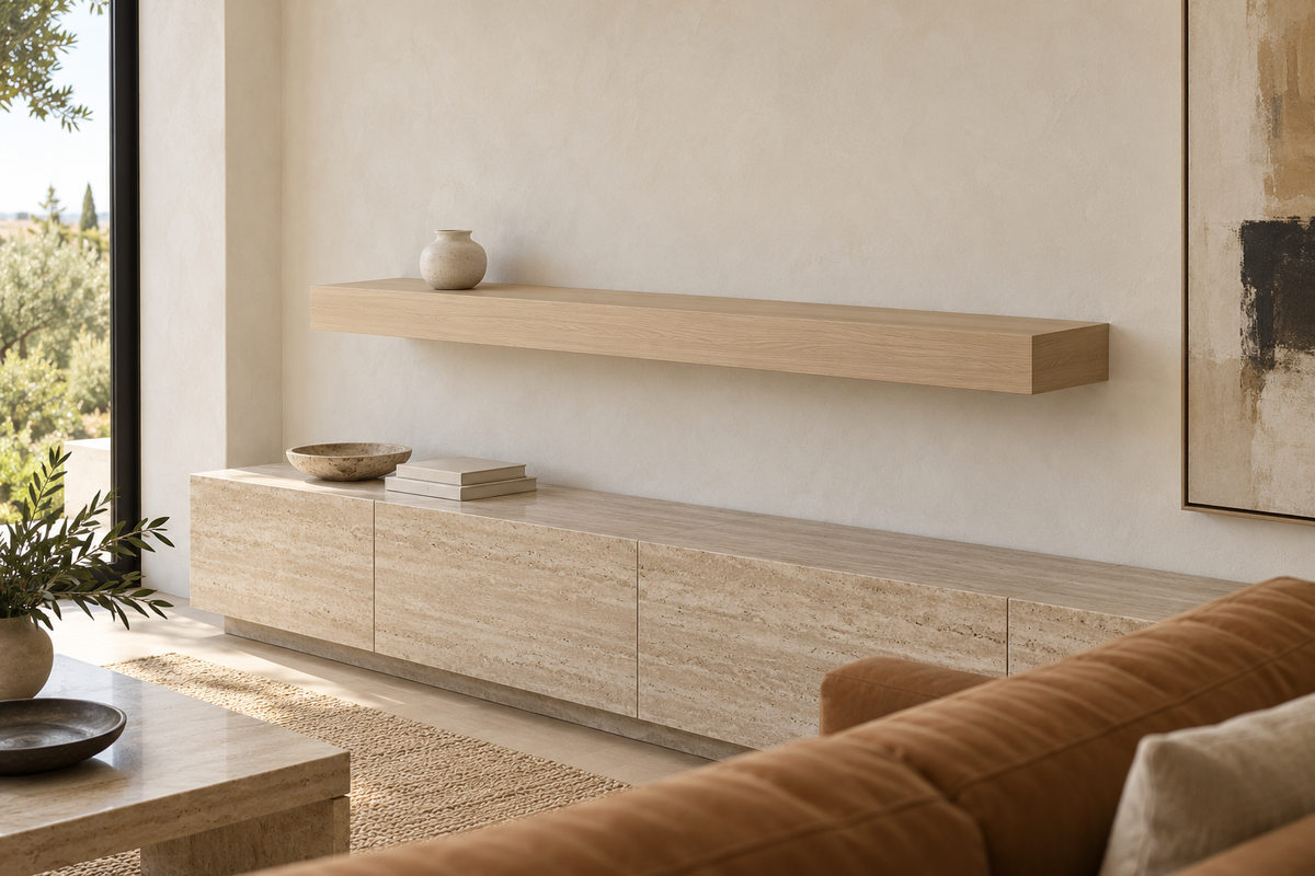 Gentry Stinson Rift White Oak Floating Shelf | 66″ × 8″ × 4″ | Standard Mount | Unfinished — unlit living-room rendering