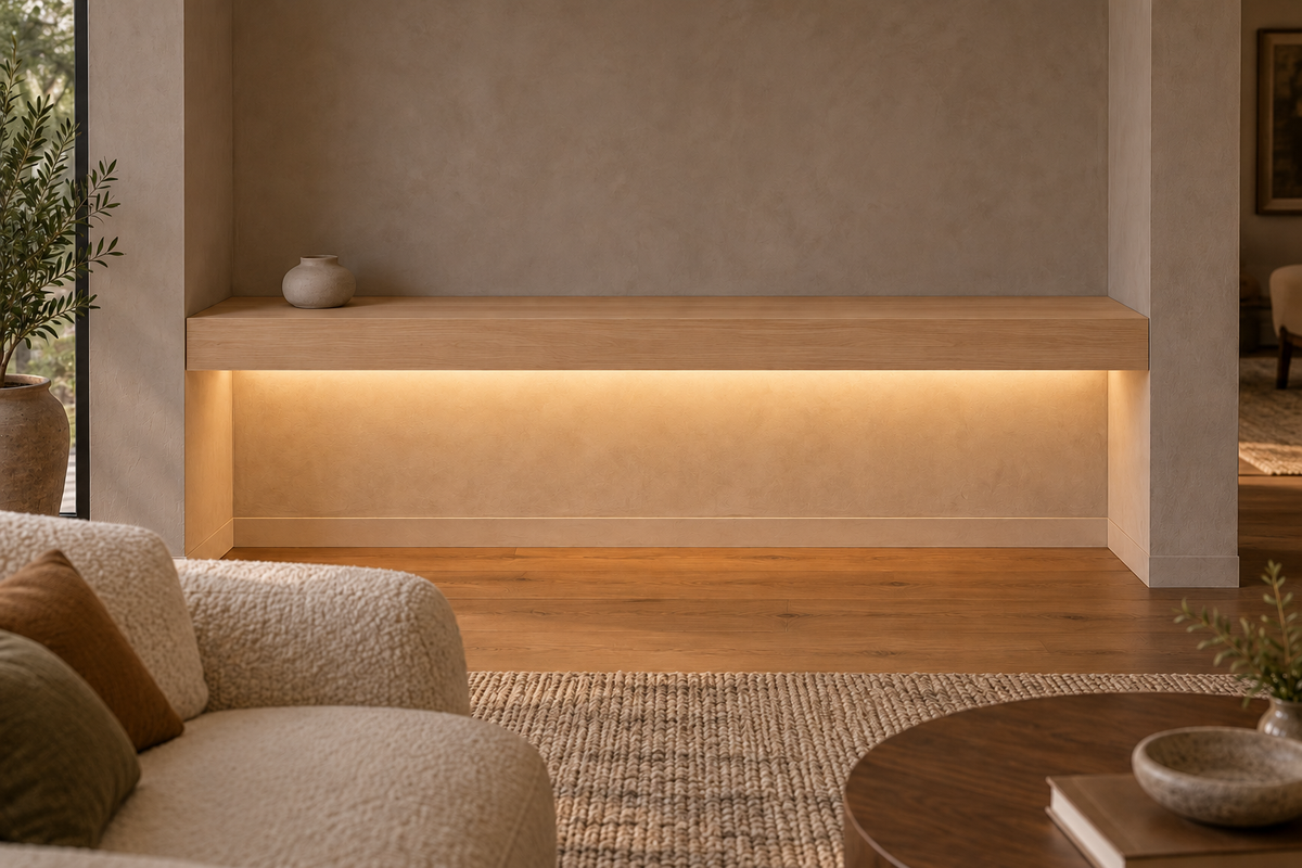Gentry Stinson Rift White Oak Floating Shelf | 66″ × 8″ × 4″ | Wall to Wall | Unfinished | LED Light Ready — Bottom Rear LED location, rendering with separately supplied LED tape installed