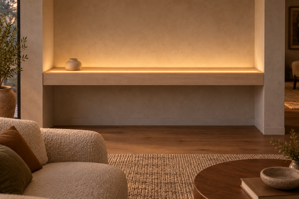 Gentry Stinson Rift White Oak Floating Shelf | 66″ × 8″ × 4″ | Wall to Wall | Unfinished | LED Light Ready — Top Front LED location, rendering with separately supplied LED tape installed