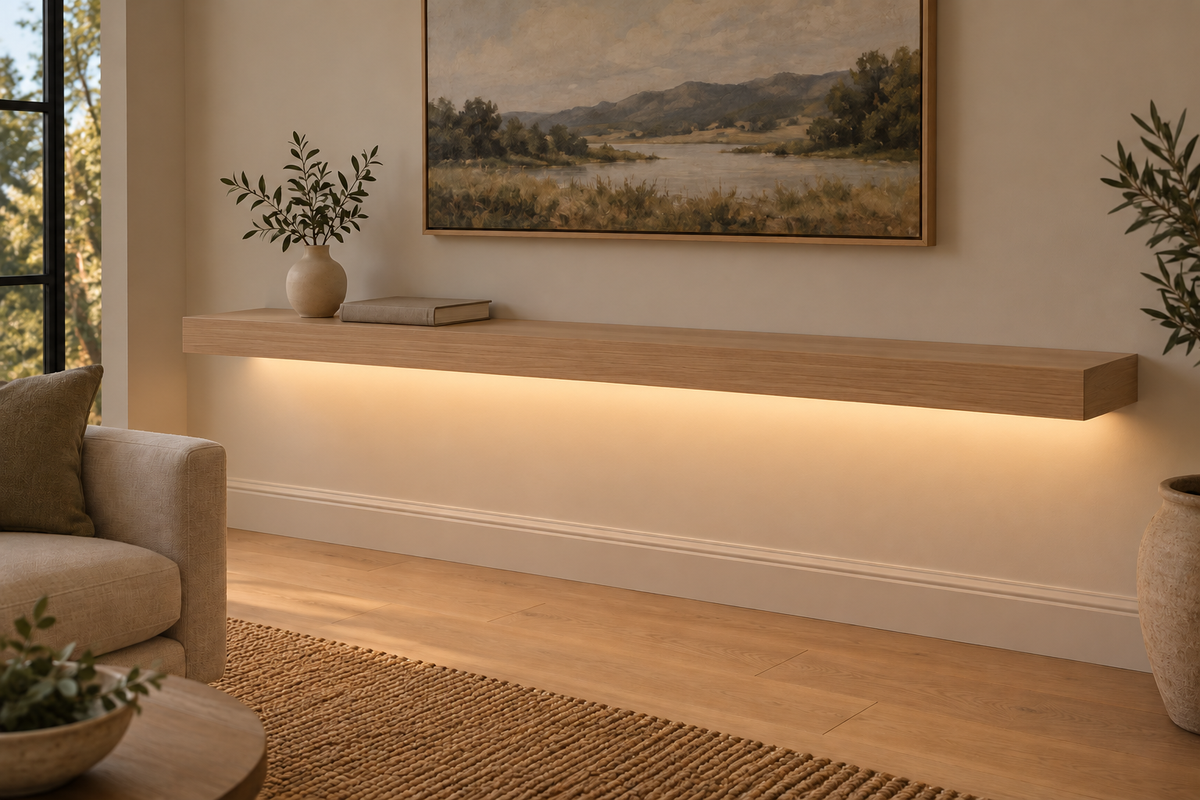 Gentry Stinson Rift White Oak Floating Shelf | 72″ × 10″ × 3″ | Standard Mount | Unfinished | LED Light Ready — Bottom Rear LED location, rendering with separately supplied LED tape installed