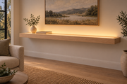 Gentry Stinson Rift White Oak Floating Shelf | 72″ × 10″ × 3″ | Standard Mount | Unfinished | LED Light Ready — Top Front LED location, rendering with separately supplied LED tape installed