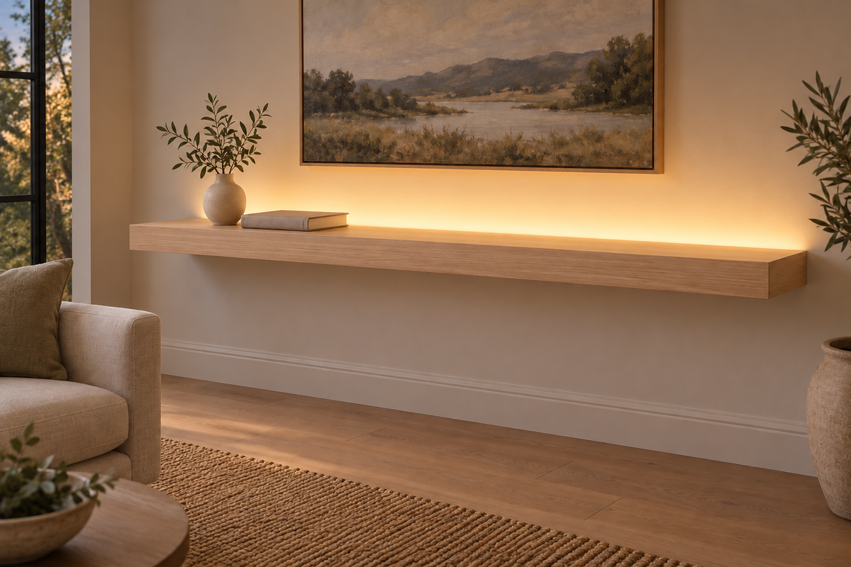 Gentry Stinson Rift White Oak Floating Shelf | 72″ × 10″ × 3″ | Standard Mount | Unfinished | LED Light Ready — Top Rear LED location, rendering with separately supplied LED tape installed
