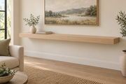 Gentry Stinson Rift White Oak Floating Shelf | 72″ × 10″ × 3″ | Standard Mount | Unfinished — unlit living-room rendering