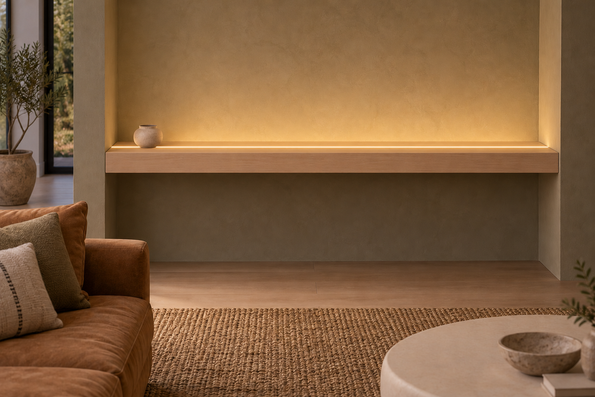 Gentry Stinson Rift White Oak Floating Shelf | 72″ × 10″ × 3″ | Wall to Wall | Unfinished | LED Light Ready — Top Front LED location, rendering with separately supplied LED tape installed