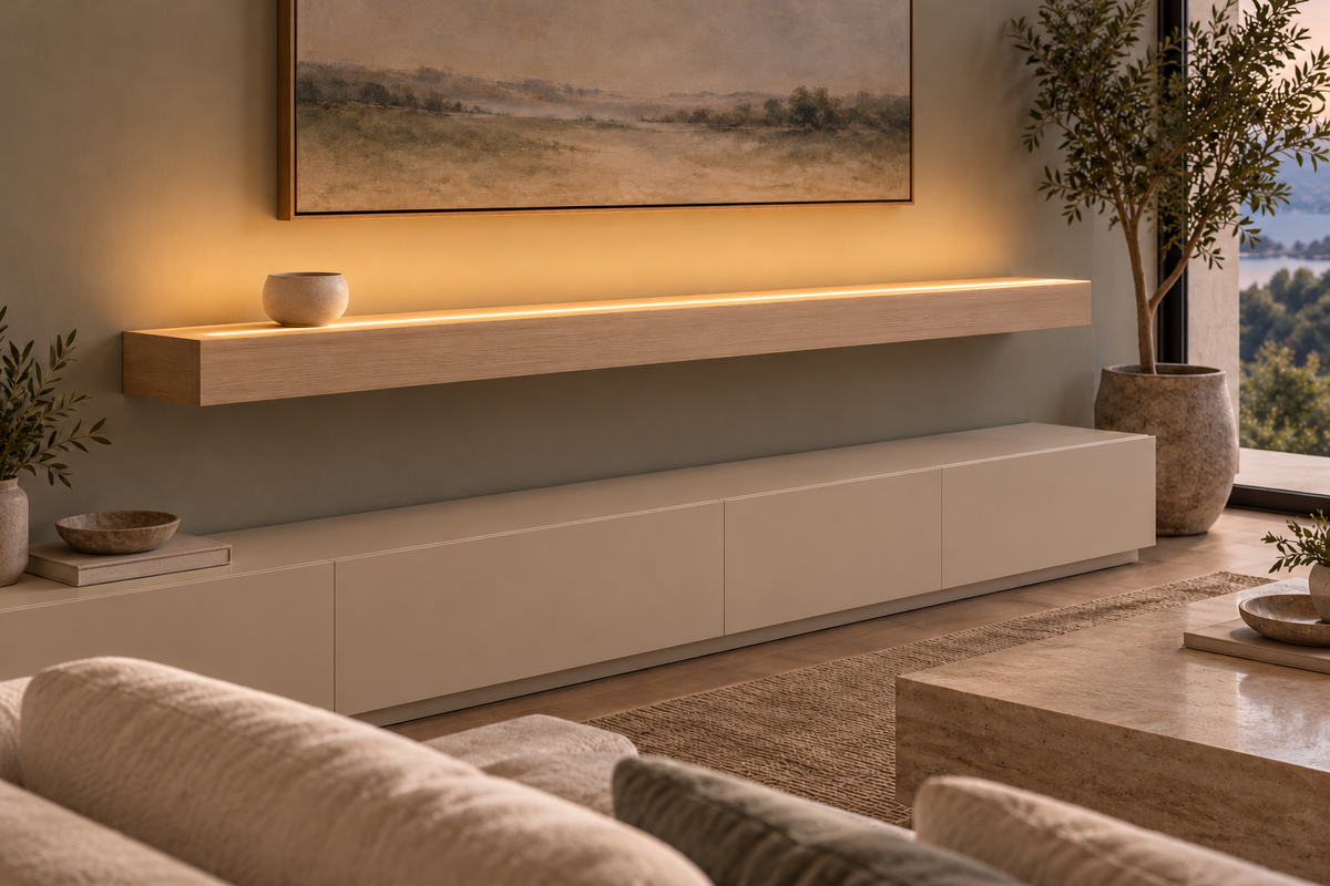 Gentry Stinson Rift White Oak Floating Shelf | 72″ × 10″ × 4″ | Standard Mount | Unfinished | LED Light Ready — Top Front LED location, rendering with separately supplied LED tape installed