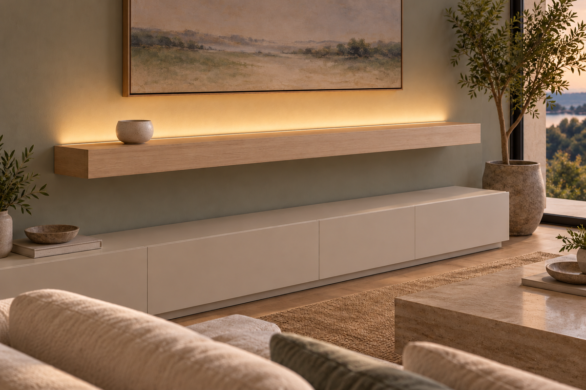 Gentry Stinson Rift White Oak Floating Shelf | 72″ × 10″ × 4″ | Standard Mount | Unfinished | LED Light Ready — Top Rear LED location, rendering with separately supplied LED tape installed