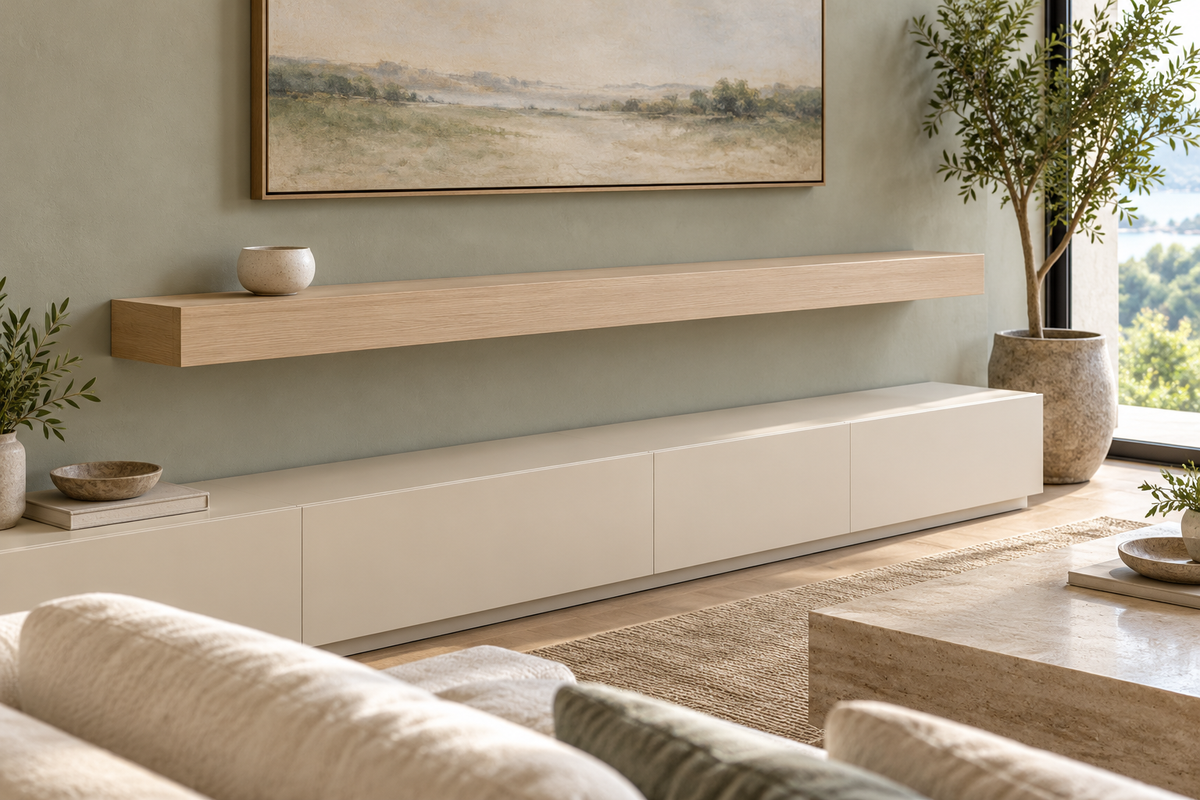 Gentry Stinson Rift White Oak Floating Shelf | 72″ × 10″ × 4″ | Standard Mount | Unfinished — unlit living-room rendering
