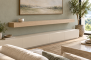 Gentry Stinson Rift White Oak Floating Shelf | 72″ × 10″ × 4″ | Standard Mount | Unfinished — unlit living-room rendering