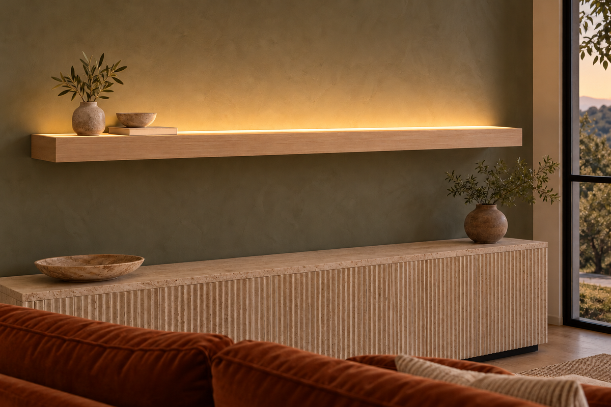 Gentry Stinson Rift White Oak Floating Shelf | 72″ × 8″ × 3″ | Standard Mount | Unfinished | LED Light Ready — Top Front LED location, rendering with separately supplied LED tape installed