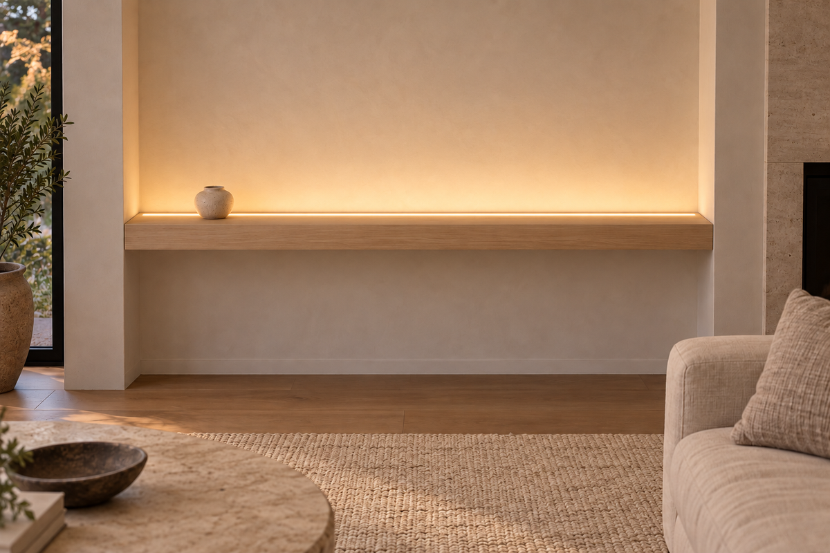 Gentry Stinson Rift White Oak Floating Shelf | 72″ × 8″ × 3″ | Wall to Wall | Unfinished | LED Light Ready — Top Front LED location, rendering with separately supplied LED tape installed