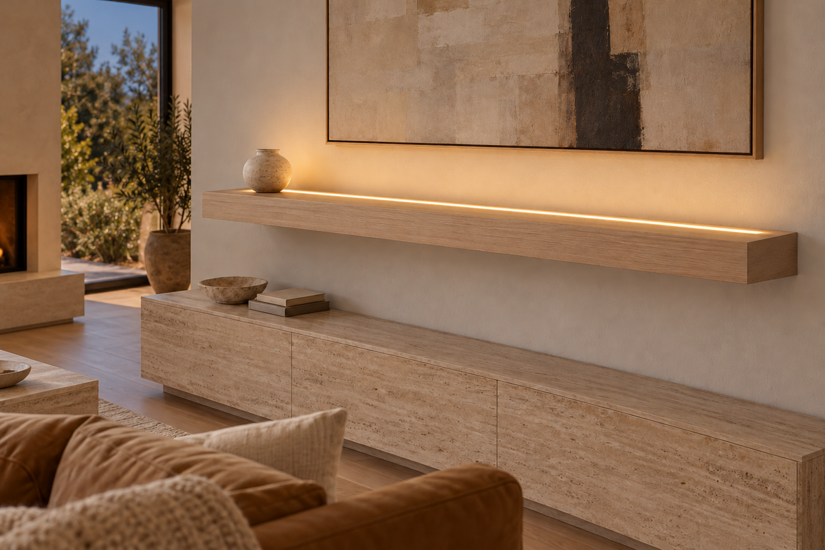 Gentry Stinson Rift White Oak Floating Shelf | 72″ × 8″ × 4″ | Standard Mount | Unfinished | LED Light Ready — Top Front LED location, rendering with separately supplied LED tape installed