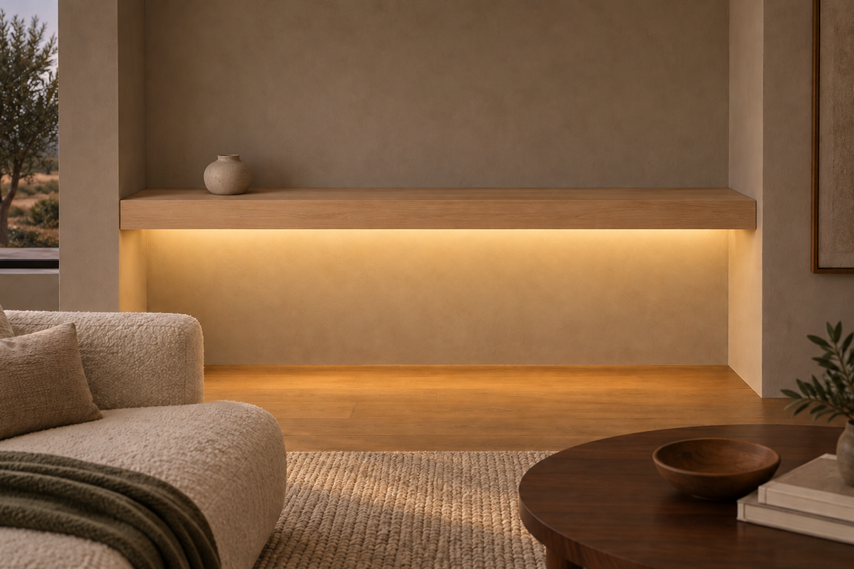 Gentry Stinson Rift White Oak Floating Shelf | 72″ × 8″ × 4″ | Wall to Wall | Unfinished | LED Light Ready — Bottom Front LED location, rendering with separately supplied LED tape installed