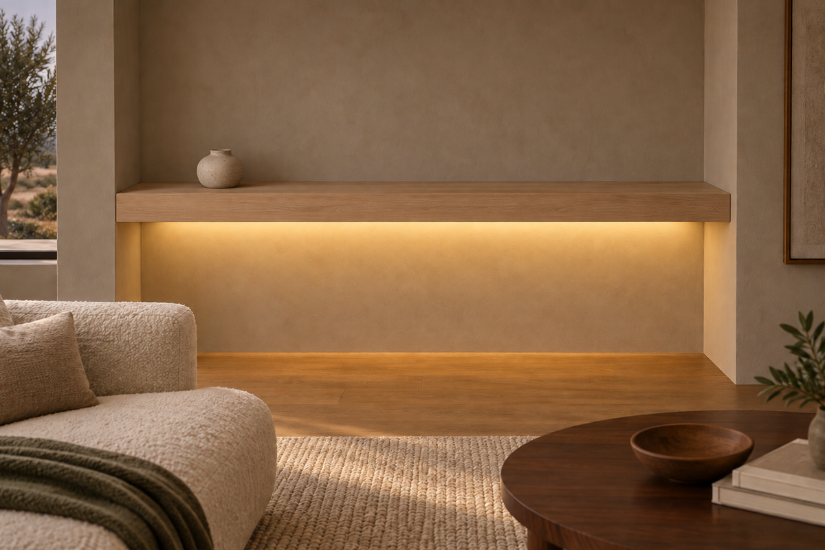 Gentry Stinson Rift White Oak Floating Shelf | 72″ × 8″ × 4″ | Wall to Wall | Unfinished | LED Light Ready — Bottom Rear LED location, rendering with separately supplied LED tape installed